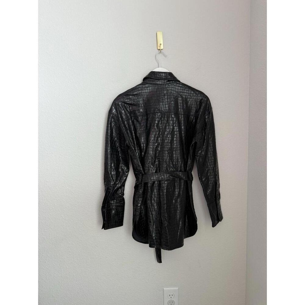 Zara Women’s Sz S Black Faux Crocodile Embossed faCollared Belted Jacket - Picture 5 of 7